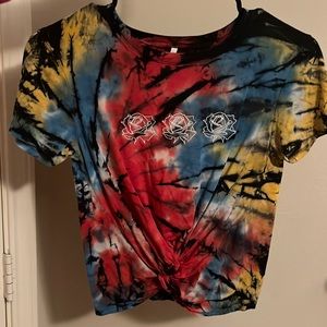 Empyre tie-dye red, blue, and yellow crop top